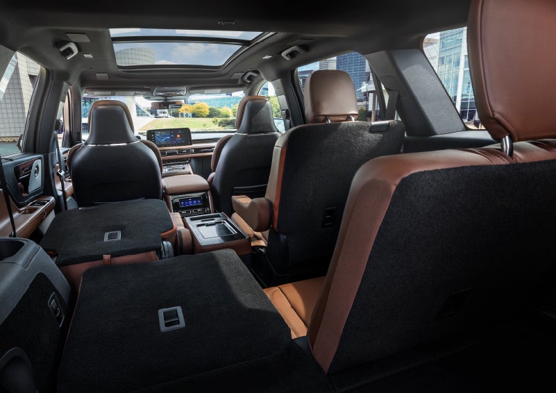 The interior of the 2025 Lincoln Aviator® SUV is shown with two seats folded down for added space. | Gary Yeomans Lincoln Ocala in Ocala FL