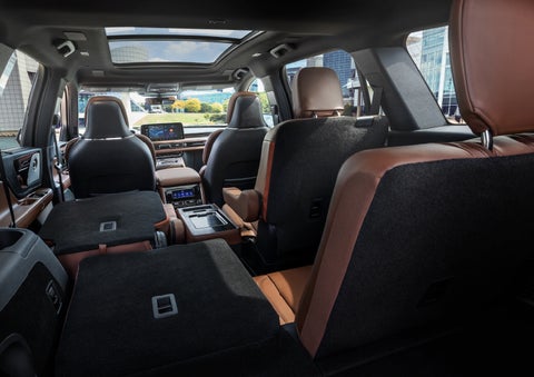 The interior of the 2025 Lincoln Aviator® SUV is shown with two seats folded down for added space. | Gary Yeomans Lincoln Ocala in Ocala FL
